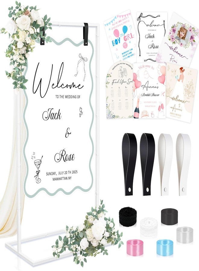 أور ورم حامل لافتة ترحيبية لحفل زفاف OurWarm White، حامل لافتة ترحيبية قابل للتعديل، حامل معدني بطول 68.9 بوصة للافتات الزفاف، وأعياد الميلاد، وحفلات استقبال المولود، وحفلات الكشف عن جنس المولود، والفعاليات التجارية - Image 1